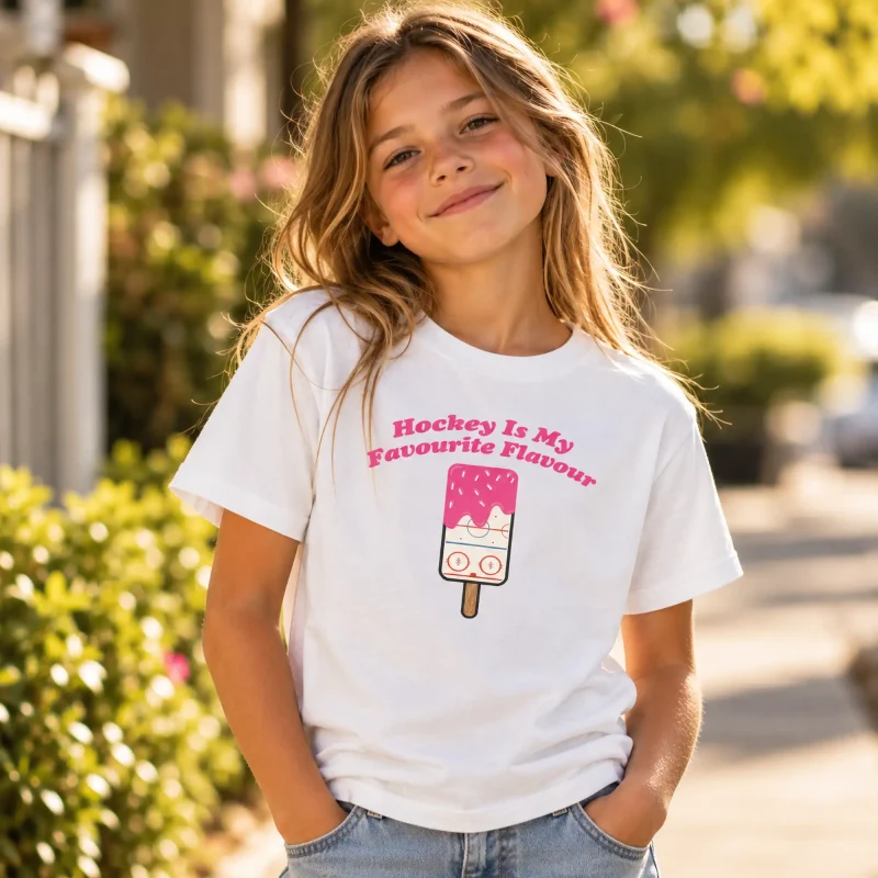 Girl wearing a white Hockey Is My Favourite Flavour youth t-shirt with a pink-dipped hockey rink popsicle design